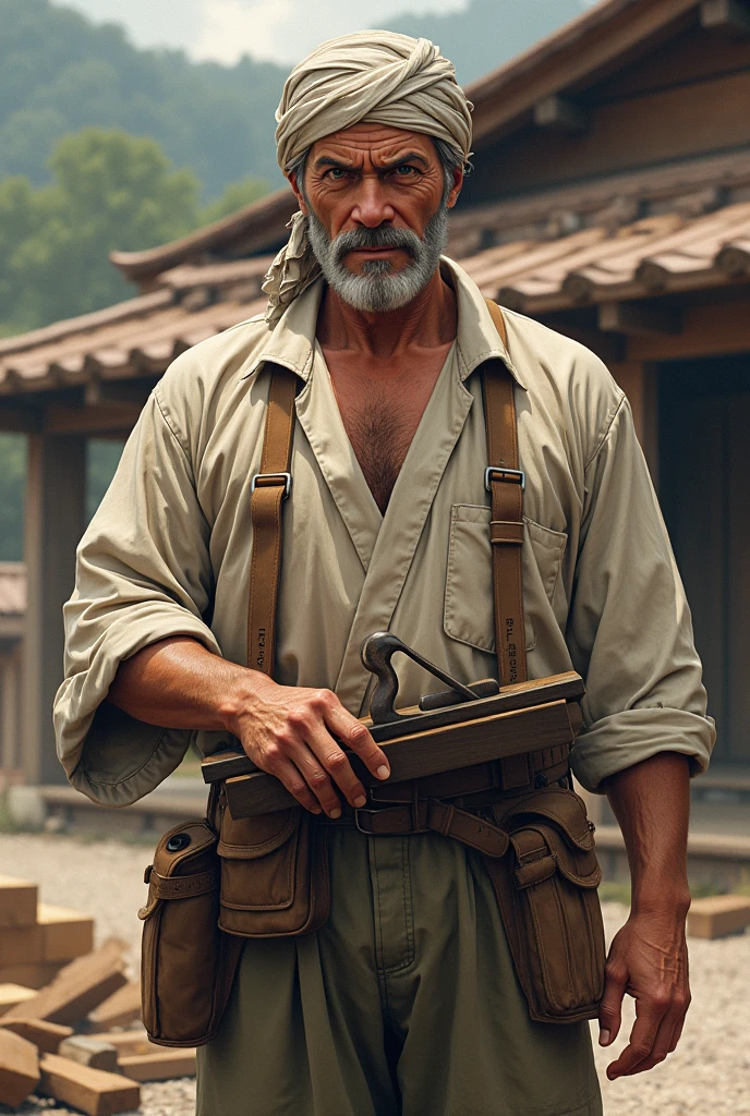 This illustration is、This is a depiction of a cool and reliable master carpenter.。The master carpenter has a sturdy physique.、His rough hands and arms are adorned with years of experience.。My face is sunburned、Deep wrinkles and sharp eyes、This speaks to his pride and focus as a craftsman.。Wrap a towel tightly around your head、Maintain good posture even at work。He was wearing a Japanese work uniform.、The sleeves are rolled up to make it easier to move around.。A belt with tools around his waist、He has a big mallet or a plane in his hand.。In the background、A wooden building under construction is depicted.、You can feel it was shaped by his hands.。The colour is calm、The overall atmosphere is profound and serious.。