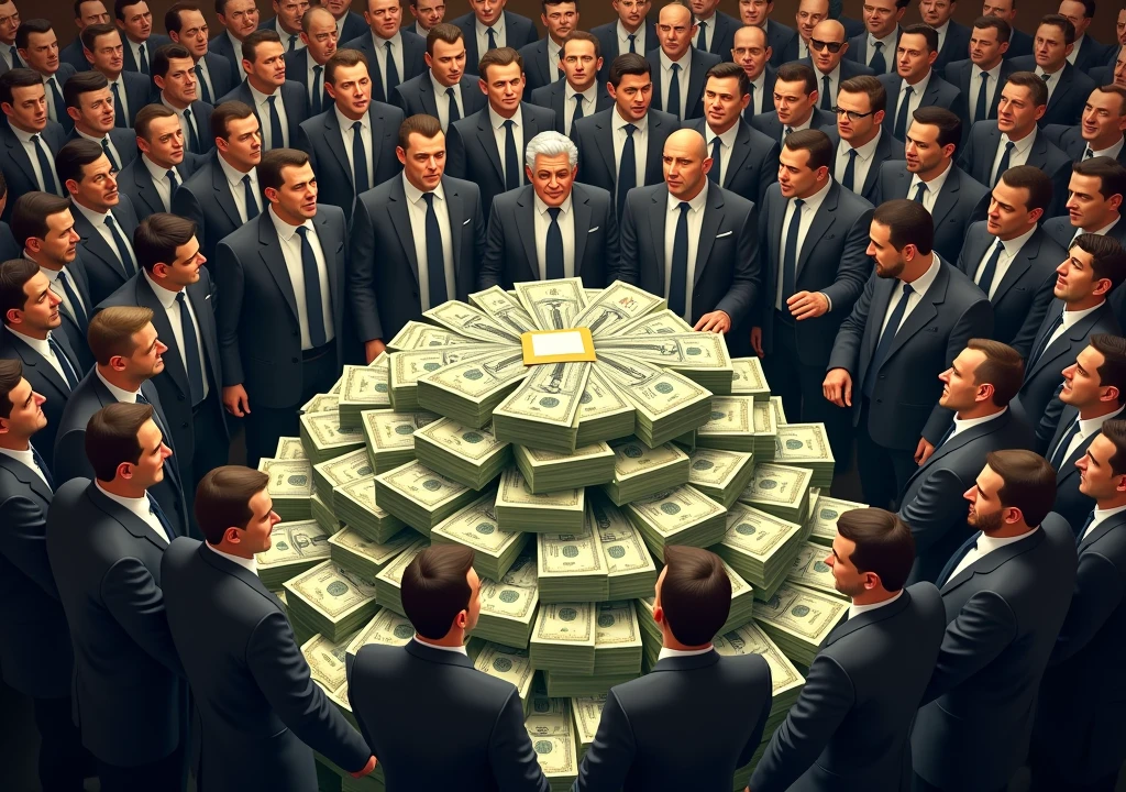 there is a large crowd of people in suits around a pile of money