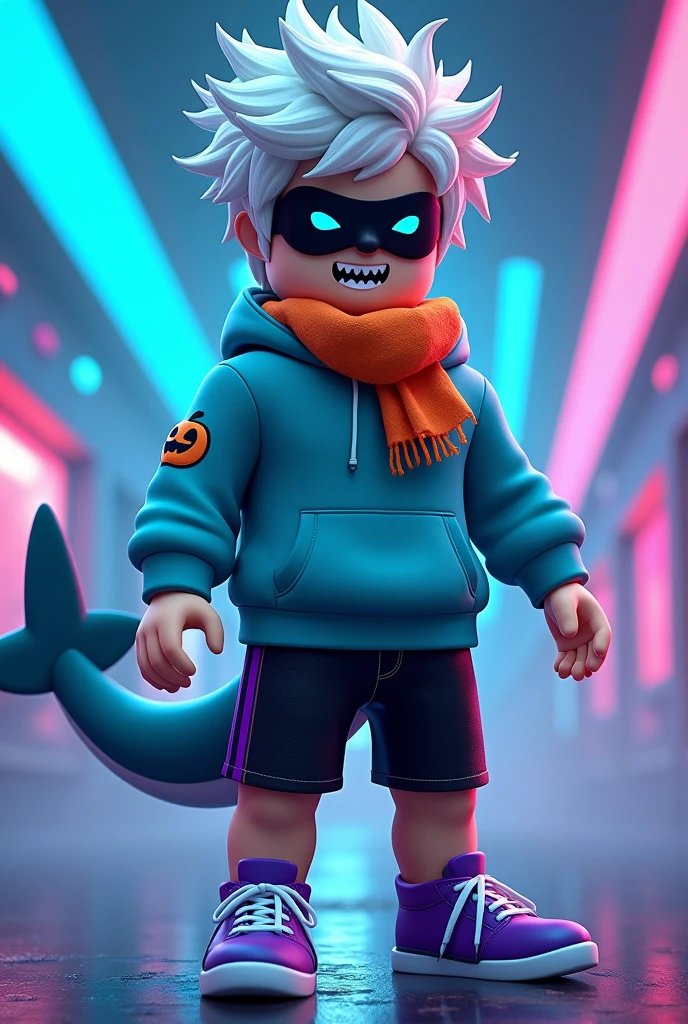 crie in Roblox style, with short white hair, with cyan hoodie and shark tail, with black shorts with purple stripes and purple sneakers, a black mask with fangs and an orange pumpkin-themed scarf, and blue ray effects around