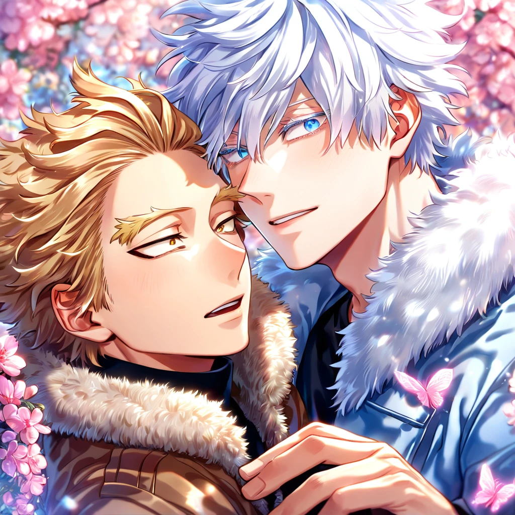 absurdres, highres, ultra detailed, HDR, master piece, best quality, extremely detailed face, delicated features, Hawks, ash-blonde hair, expressive golden brown eyes, Boku No Hero Academia, Gojou Satoru, white hair, expressive blue eyes, white eyelashes, two sexy men together, yaoi, gay couple, handsome, light-blue coat with fur collar, brown coat with fur collar, black tight shirt with patterns, fantasy, magical, pink butterflies, spring, pink leaves, pink flowers, water, garden