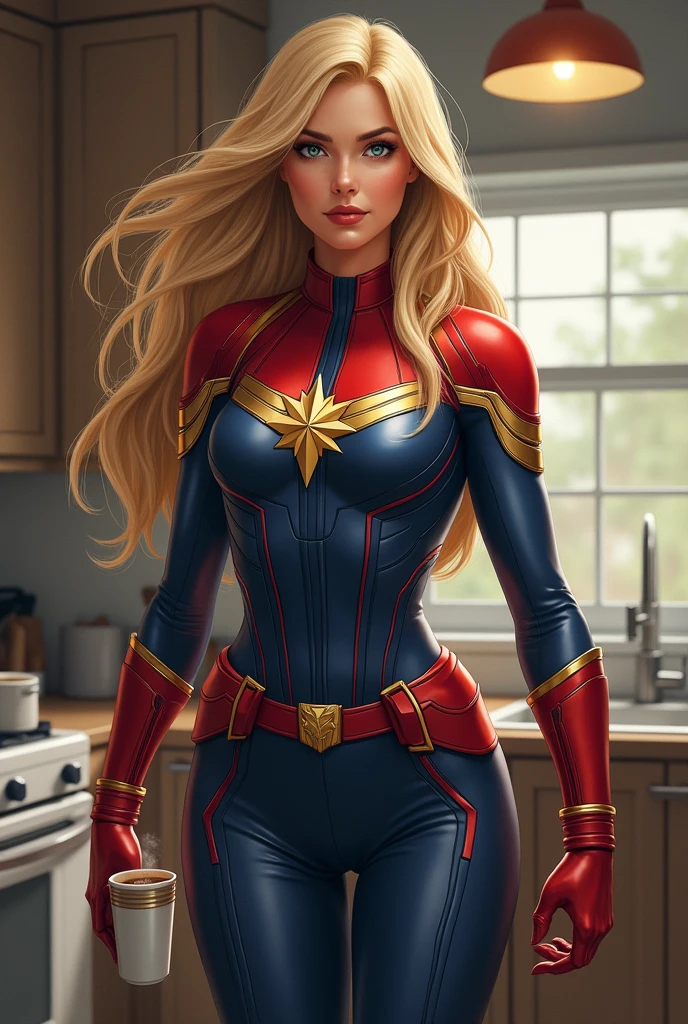 Female super hero, outfit inspired in comics Captain Marvel, kitchen background, blonde long hair, blue eyes, realistic art, mature hero, drinking a cup of cofee
