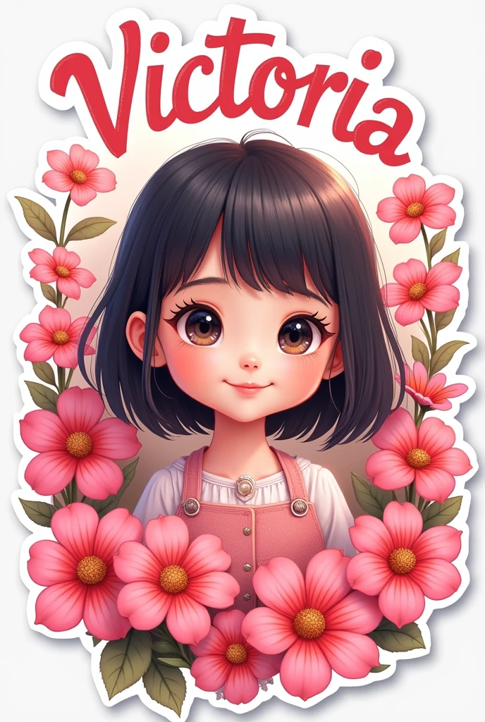 Make an animated sticker of the name Victoria and lots of pink flowers with a 7 year old girl, straight black hair