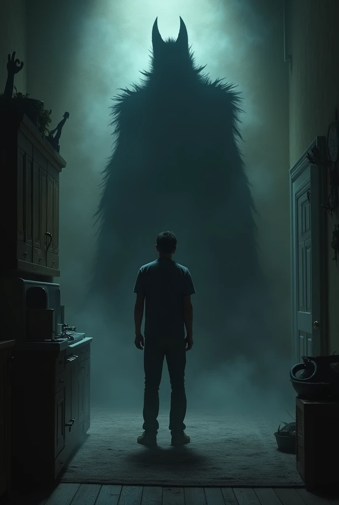 a long tall menacing shadow behind a man in his house