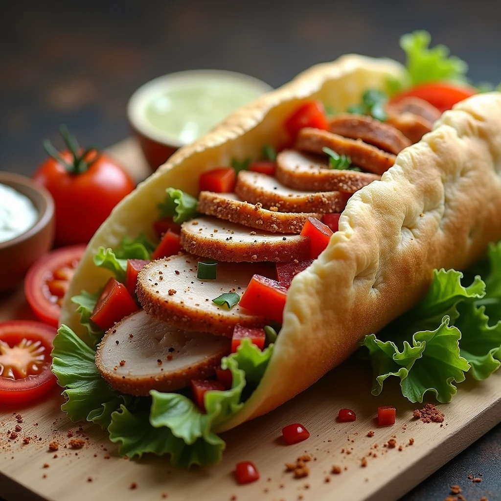 Turkish doner, ordinary doner, chicken doner, with lettuce leaves, doner in bread, not artisctic, relism, doner with thinky sliced chicken,doner with bread cut on the side, doner with chopped tomatoes, only one doner, doner in turkish bread, a little bit spices, a little bit green