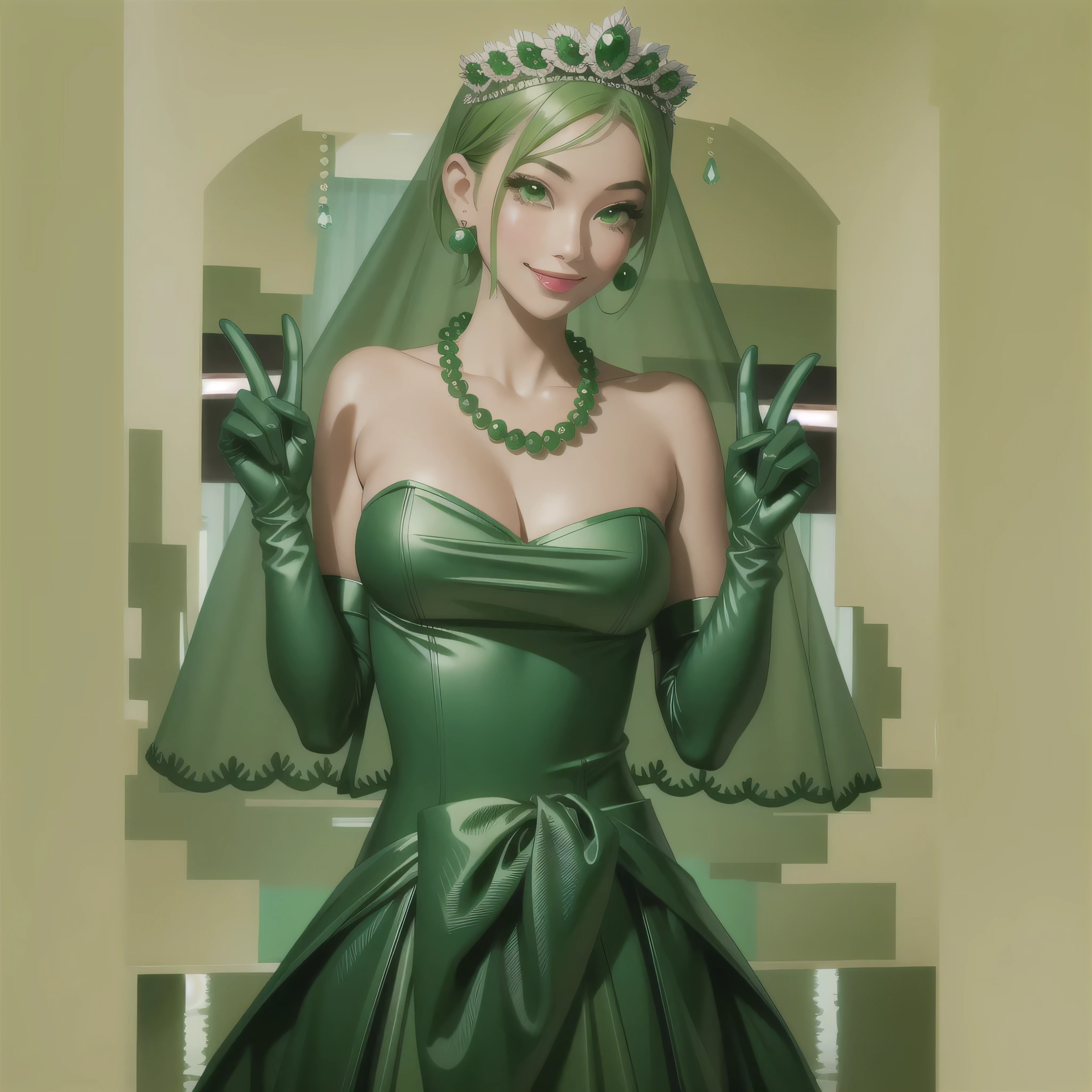 Emerald tiara, Green Pearl Necklace, Boyish very short green hair, Green Lips, Smiling Japanese woman, Very short hair, Busty beautiful lady, Green Eyes, Green satin long gloves, Green Eyes, Emerald Earrings, Green veil, all, Green Hair, Beautiful Japanese Woman, green lip gloss