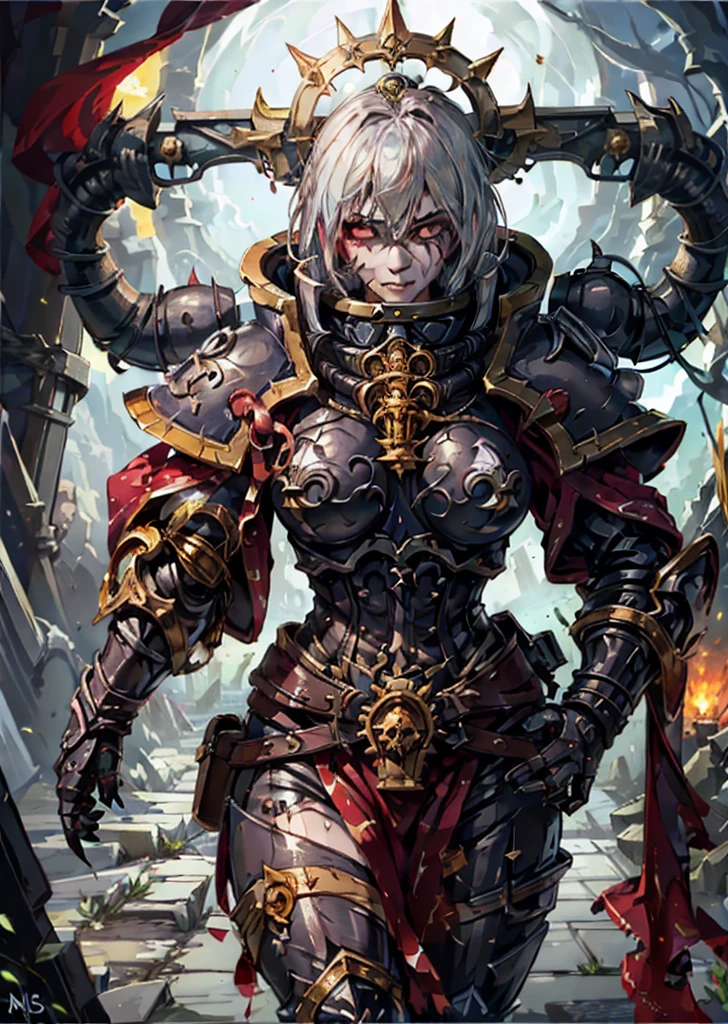 (1girl) (digital) (in detailed oasis, (horns, armor, colored skin, monster ( whsororitas ) , demon girl, tentacles, claws, nosebleed glowing eyes eyetype)) , best quality, slaanesh