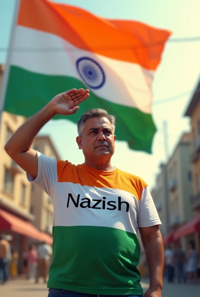 Soluting a man indian flag with tricolour t shirt named Nazish