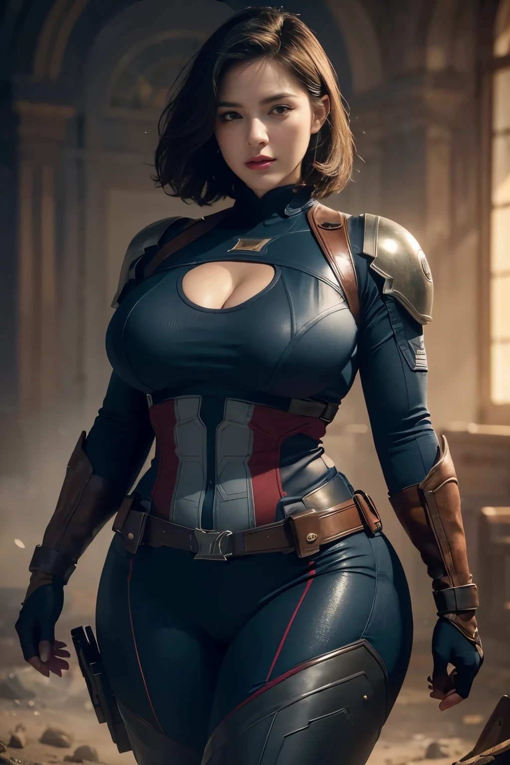beautiful detailed eyes, beautiful detailed lips, extremely detailed eyes and face, long eyelashes, 1 woman, plump curvy body, thick body, very short hair, wearing captain america suit, cleavage, on battlefield, (best quality,4k,8k,highres,masterpiece:1.2),ultra-detailed,(realistic,photorealistic,photo-realistic:1.37),digital painting,concept art,dramatic lighting,cinematic composition,vibrant colors,epic scale