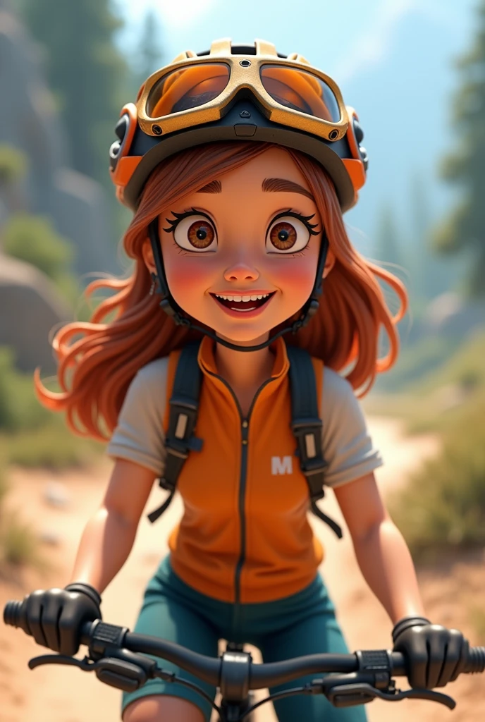 Young and beautiful 43 year old woman, who likes to ride mountain bikes, He lives on the extreme and wears professional clothes like a sweater , He also eats a lot of carrot cake and has medals, make her like animated doll, brown hair color almost orange, brown eyes and a beautiful smile and with riding glasses
