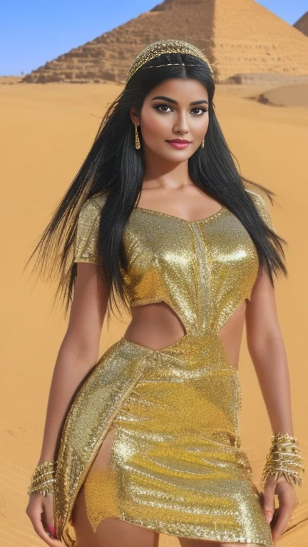 best quality, 8k, very delicate and beautiful, highly detailed face and skin texture, shiny skin, high resolution, beautiful girl in egyptian style costume stand in desert, full body, sharp focus