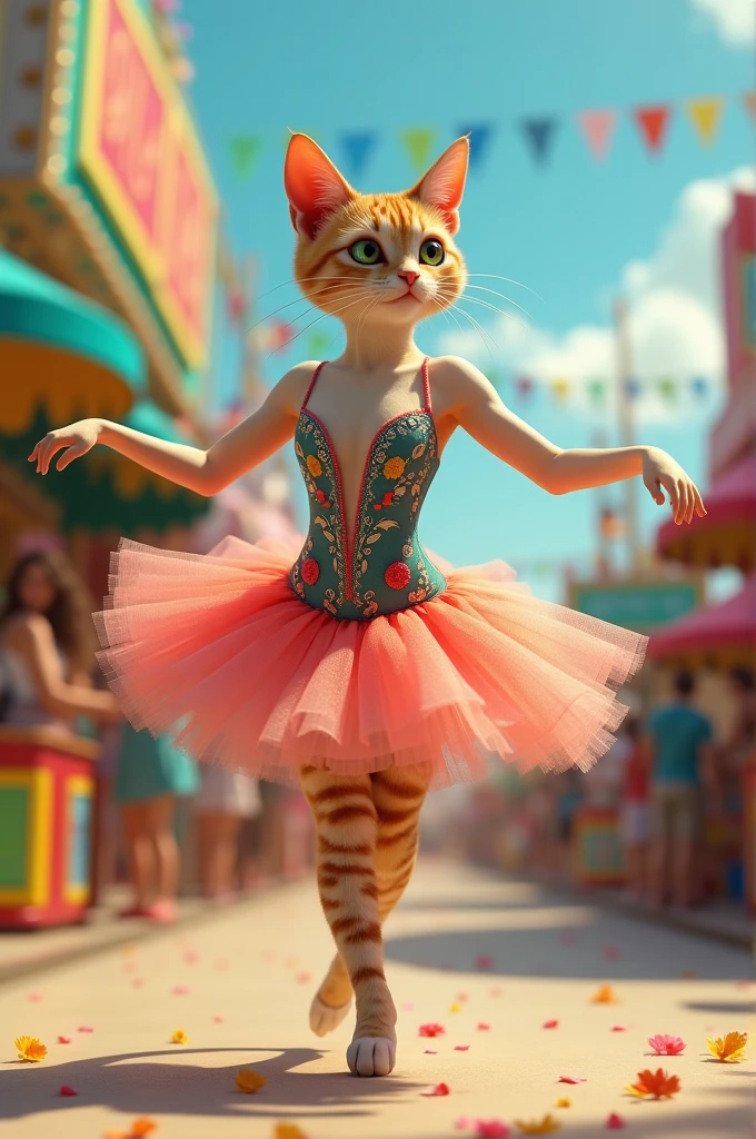 Cat in swimsuit dancing ballet at an amusement park