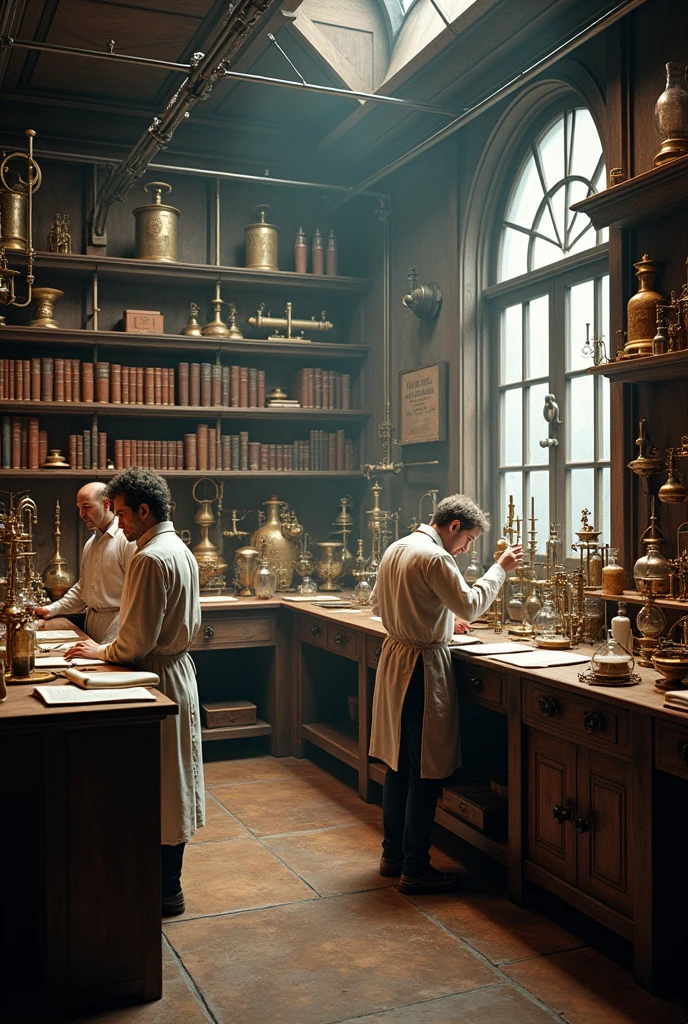 Image of a laboratory with old equipment from the 18th century, highlighting experiments on thermodynamics, fluids and statistical mechanics.