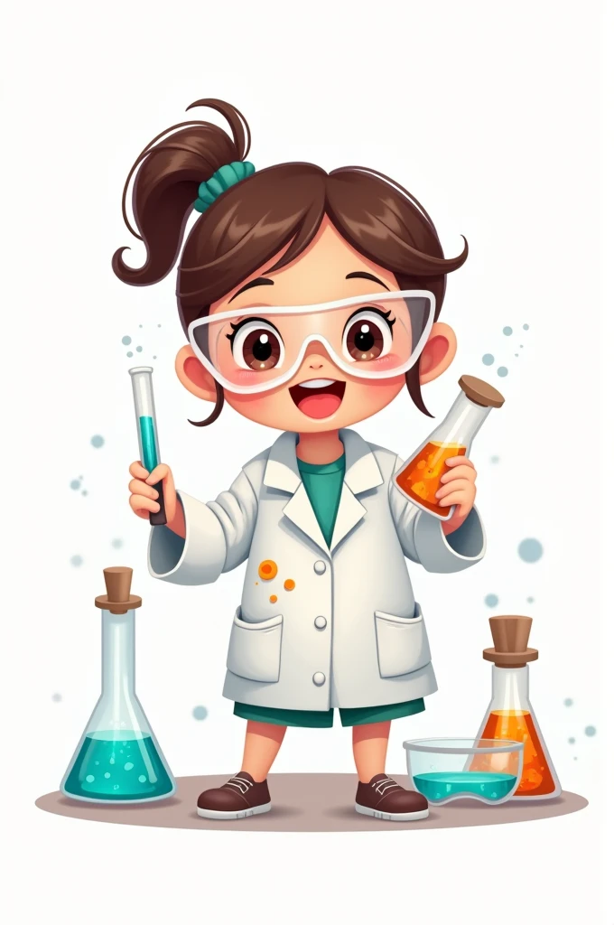 Baby girl scientist, illustration. With various chemical instruments. white color background 