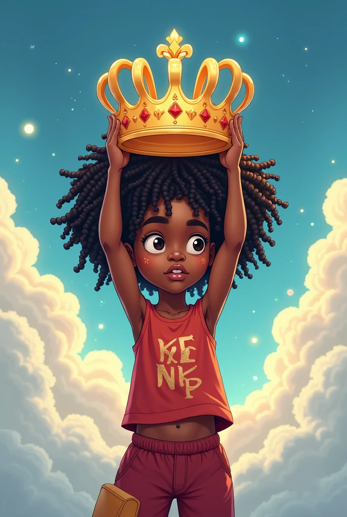 a black boy with braids holding a crown, in a sky-like environment, em cartoon