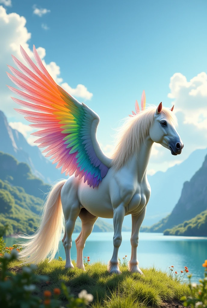 Image of a white winged horse, with manes and bright colors of the rainbow, in a grassy area, mountains in the background and a beautiful lake , sunny day with clouds in the sky 