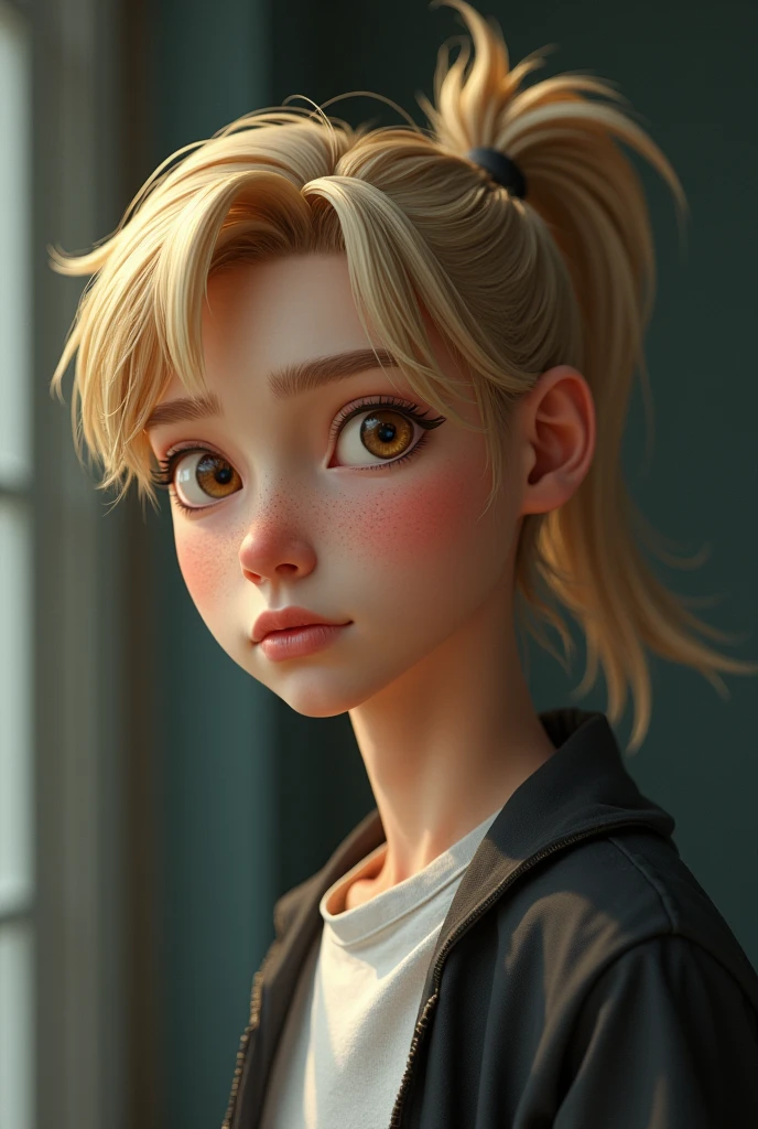 a boy about , very tall, He is half blond with a short ponytail, It looks really big, white, If he looks half Russian and has light brown eyes, guys, realistic