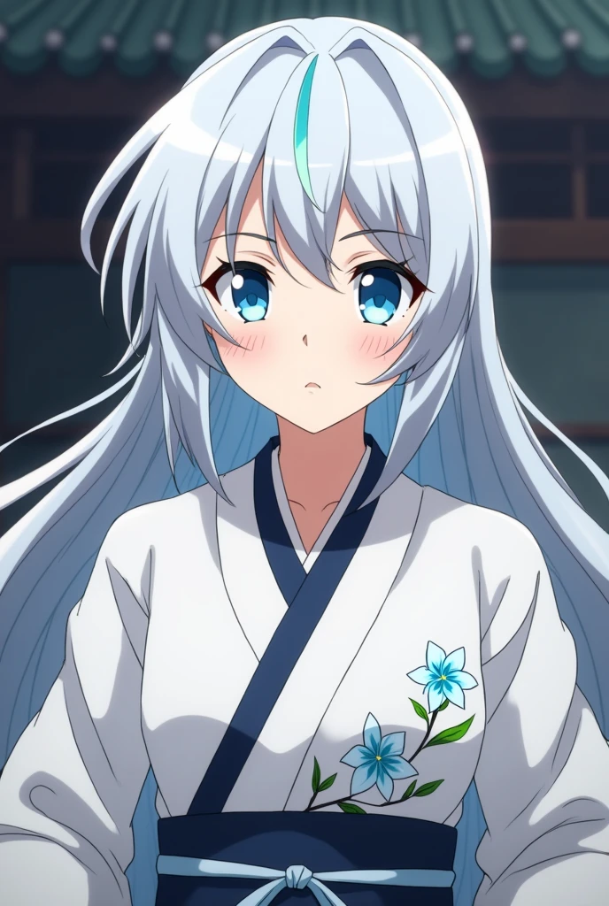 screenshot kimetsu no yaiba make an 18 year old girl with long gray hair with light blue highlights and bangs has bright light blue eyes and is talking she is wearing a white ahori with light blue lilies underneath she has the Kimetsu no yaiba hunter uniform . do it kimetsu no yaiba style