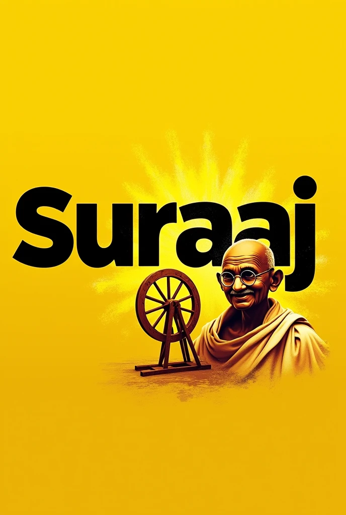 ' Suraaaj ' name black bold letter display image, yellow background, right side mahatma gandhi ,a spinning wheel scatch,