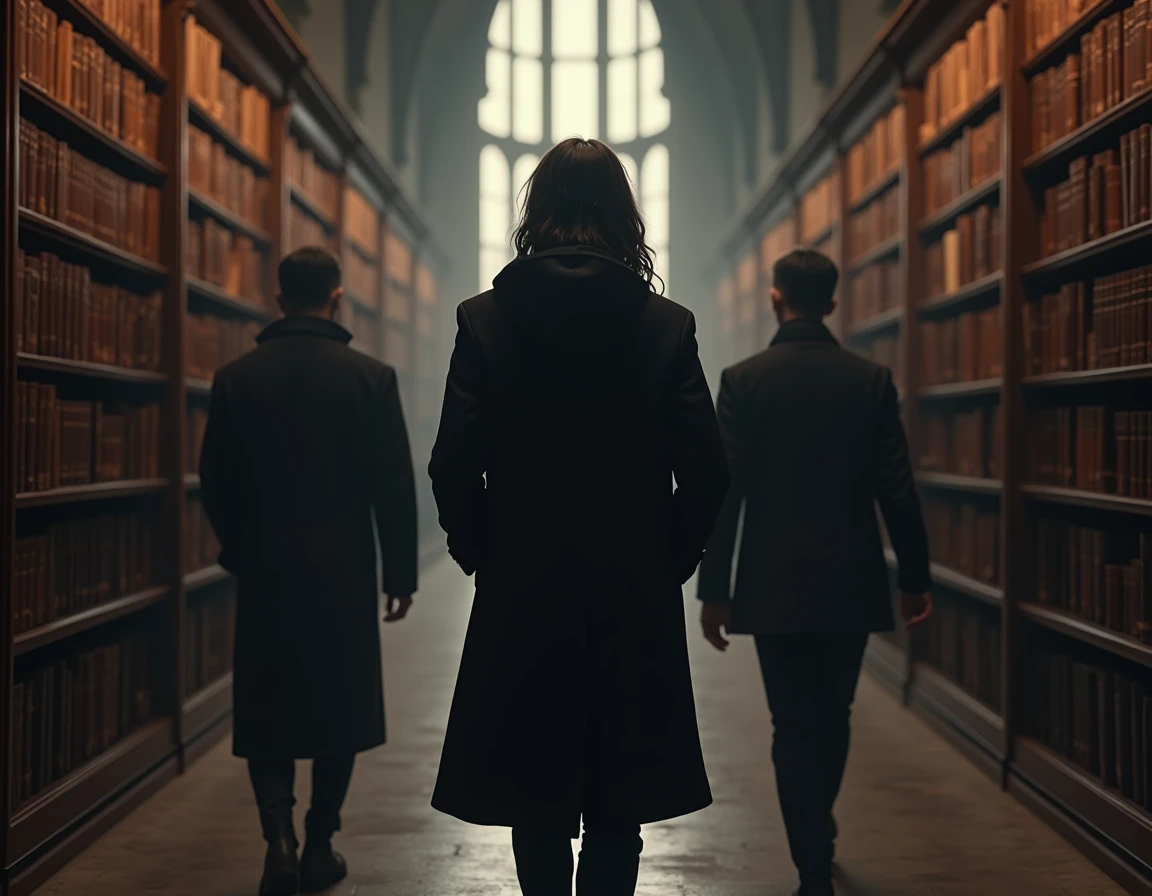 , (highest quallity、tabletop、8k、best quality image、Hyper-Realism) male teenager, belo male teenager, wearing black coat, hood on the head, detailded, long hair, following two men, Grieving, in a library