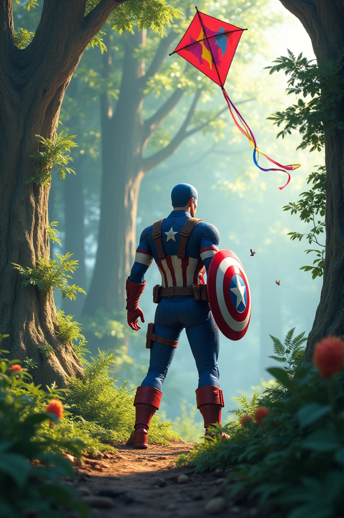 Create an image of Captain America showing off his kite in the middle of a 3D forest.