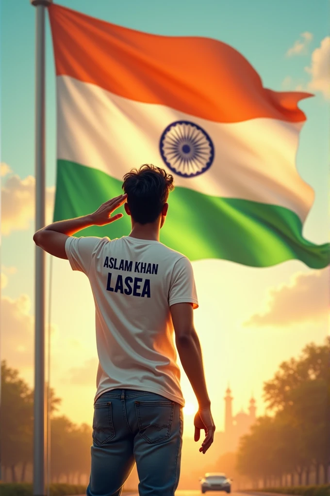 Soluting indian flag with tricolour t shirt named Aslam khan LASEA on back 
