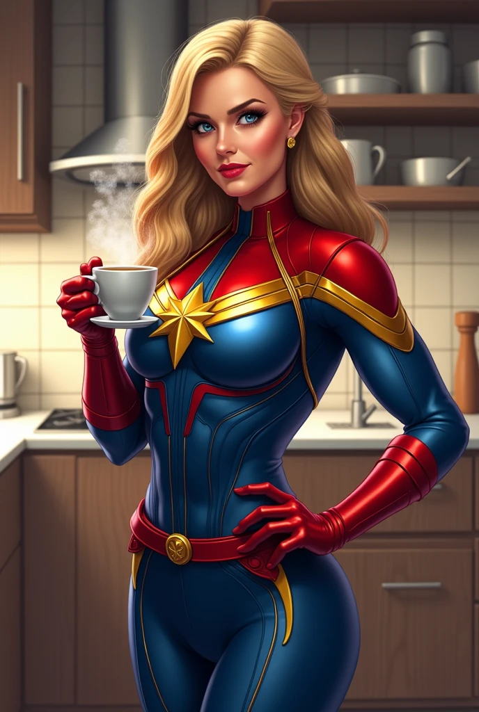 Female super hero, outfit inspired in comics Captain Marvel, kitchen background, blonde long hair, blue eyes, realistic art, mature hero, drinking a cup of cofee