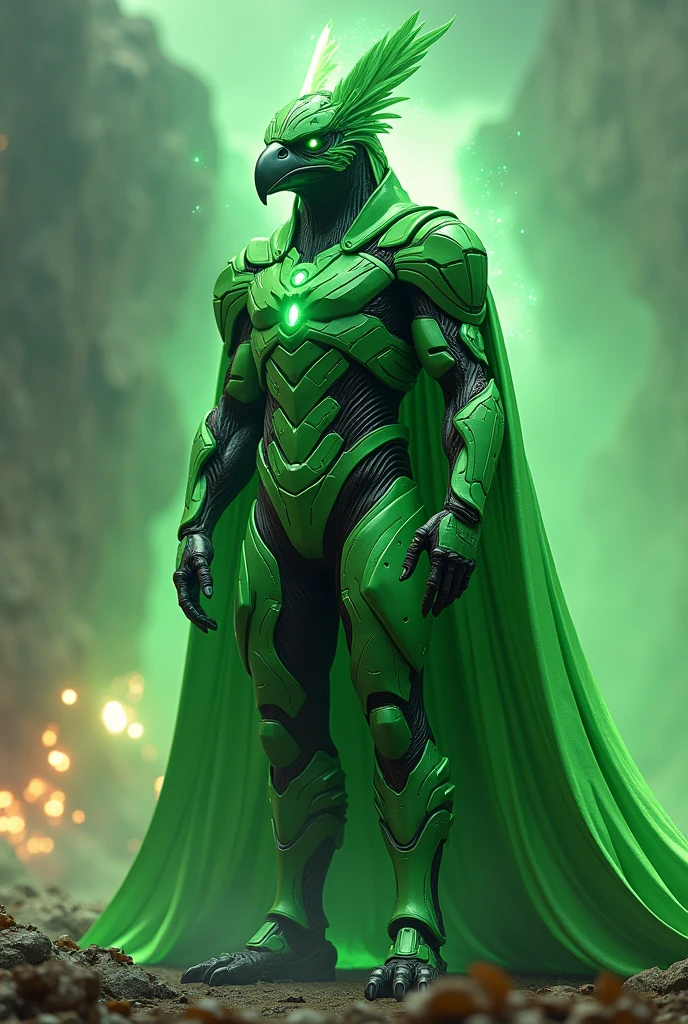 a bird-like humanoid superhero wearing a green futuristic suit and helmet, extremely detailed, hyper realistic, 8k, photorealistic, intricate mechanical details, glowing energy emanating from suit, heroic pose, dramatic lighting, cinematic composition, vibrant colors, sci-fi, concept art style