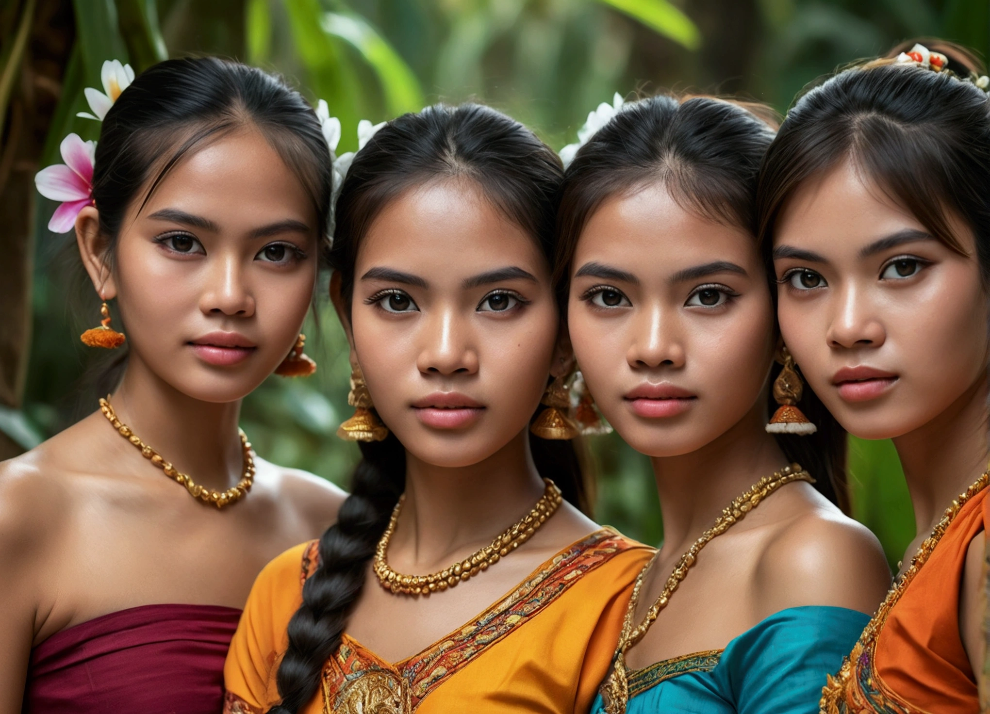 4 beautiful cambodia girls, beautiful detailed eyes, beautiful detailed lips, extremely detailed eyes and face, long eyelashes, athletic athletic bodies, colorful traditional cambodia dresses, tropical garden background, (best quality,4k,8k,highres,masterpiece:1.2),ultra-detailed,(realistic,photorealistic,photo-realistic:1.37),vibrant colors,natural lighting,cinematic composition,intricate details,highly detailed facial features, close up of 4 girls