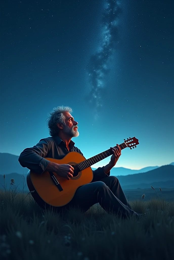 Man with a guitar looking at the stars
