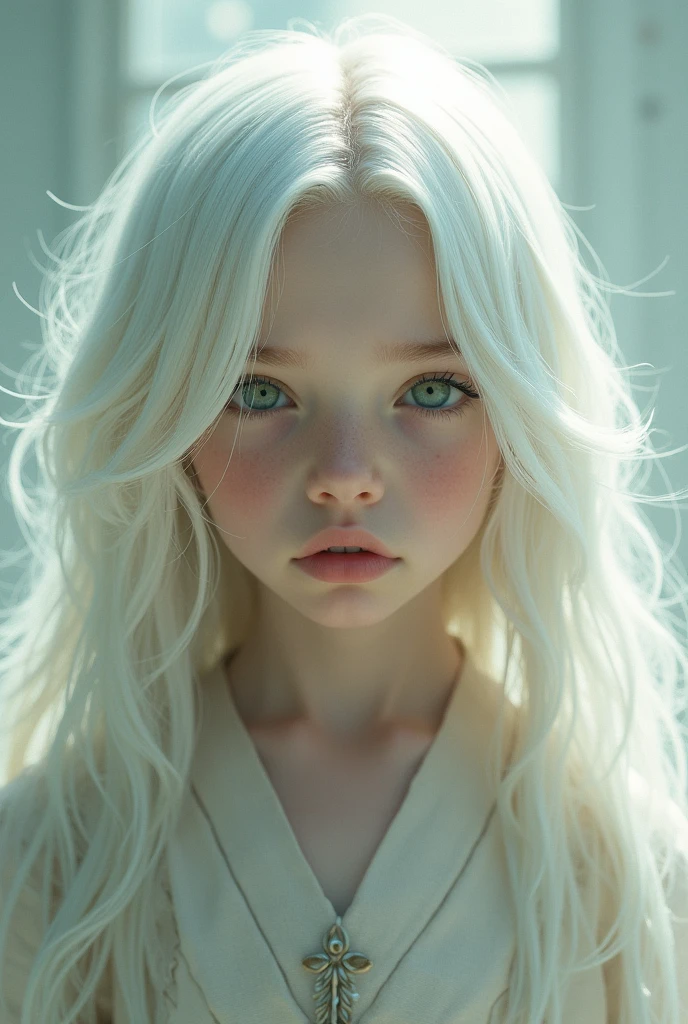 Boy long white hair, green eyes, high