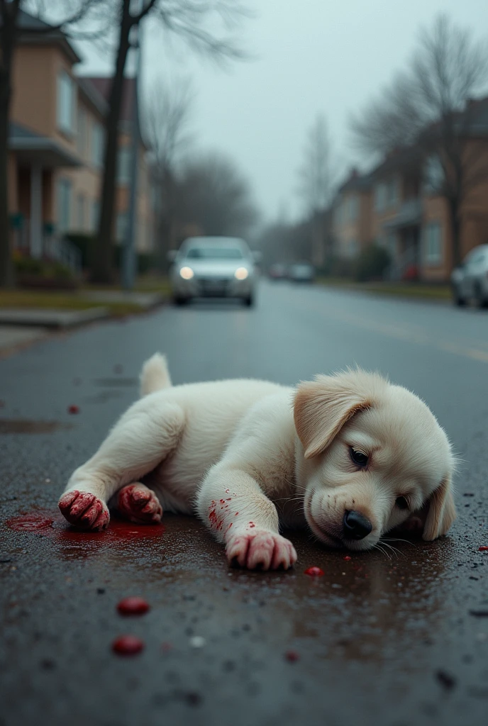 A white puppy is lying on the side of the road after being hit by a car, bleeding from its body ।.The child's mother takes Yeslai and gives birth