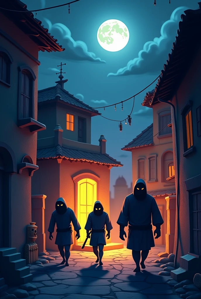 cartoon 3d animation style "A night scene with a gang of thieves sneaking into the village**, shadows moving stealthily towards Ramesh's house