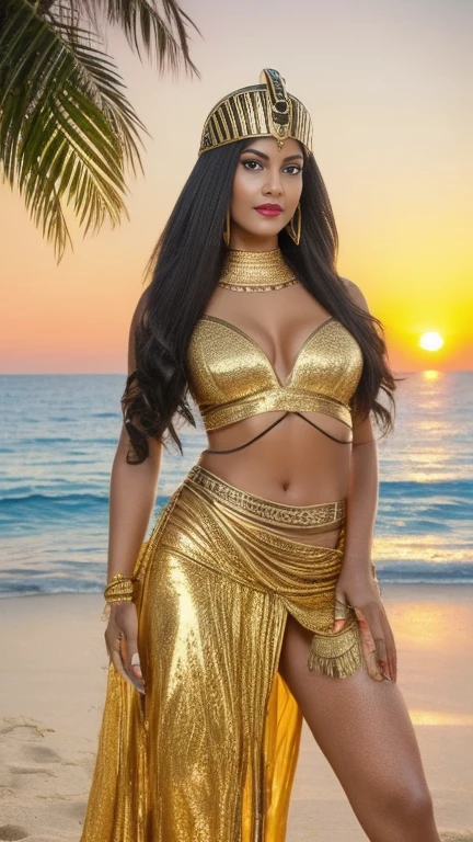 hyper realistic, ultra detailed photograph of a woman with in futuristic headwear inspired by an ancient Egypt queen, Cleopatra headwear, Womens Black Egyptian Goddess Cleopatra Costume with gold decorations, snake, gold, silver, stones, scarab beetle, microchips, integrated electric circuits, brown skin, slim body, dark hair, latina, Salma Hayek look, golden hour, warm sunlight fractal details, full body pose, natural pose, depth of field, HOF, hall of fame, detailed face, model facing camera, beach with palm trees, orange sunset, orange sun, tropical beach, professional photographer, captured with professional DSLR camera, ultra detailed, ultra accurate detailed, bokeh, cinematic, intricate, epic, freckles, detailed mascara,