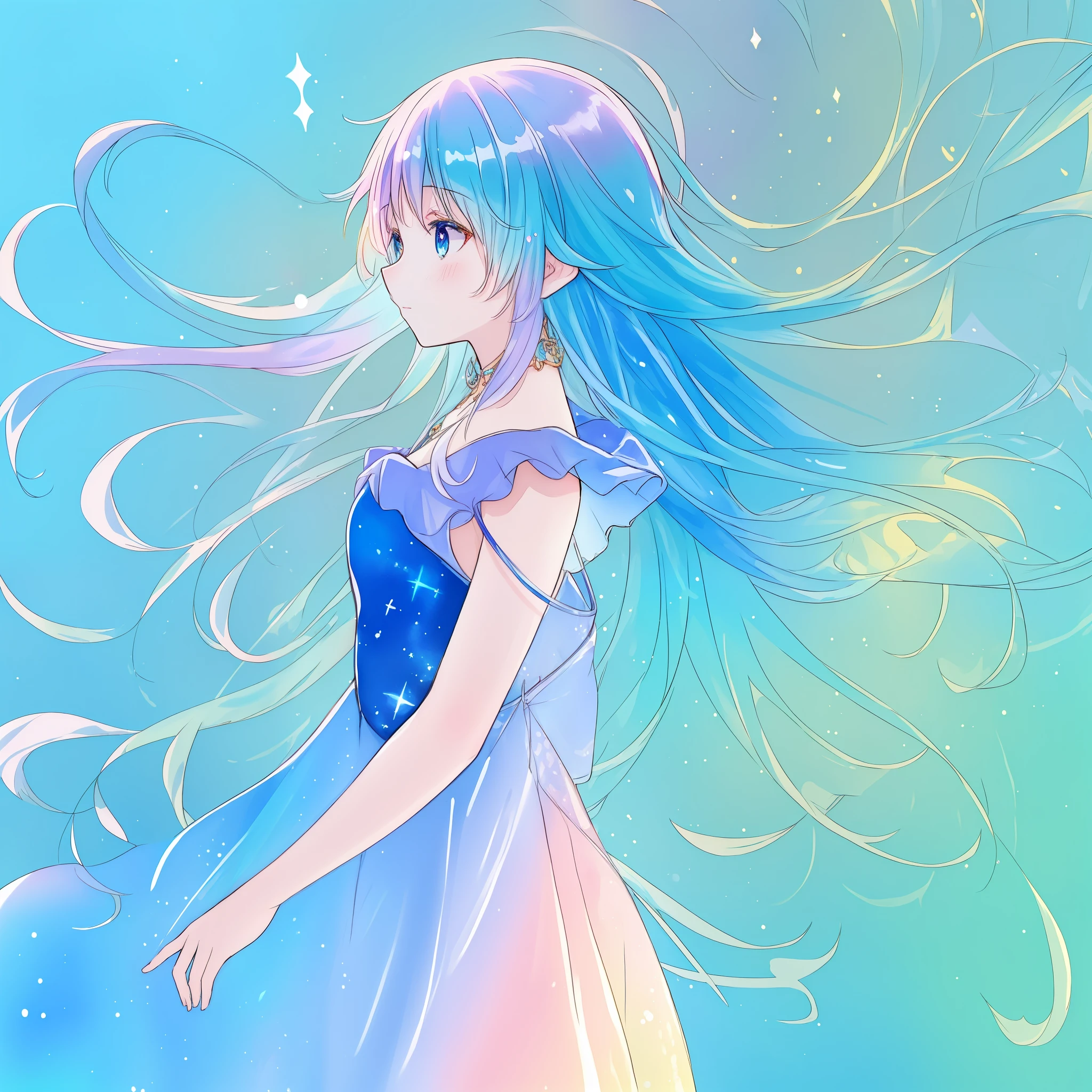 profile, beautiful anime girl in colorful liquid dress, vibrant pastel colors, (colorful), long sparkling blue gradient hair, fantasia background, whimsical, magical, fantasy, ((masterpiece, best quality)), intricate details, highly detailed, sharp focus, 8k resolution, liquid watercolor
