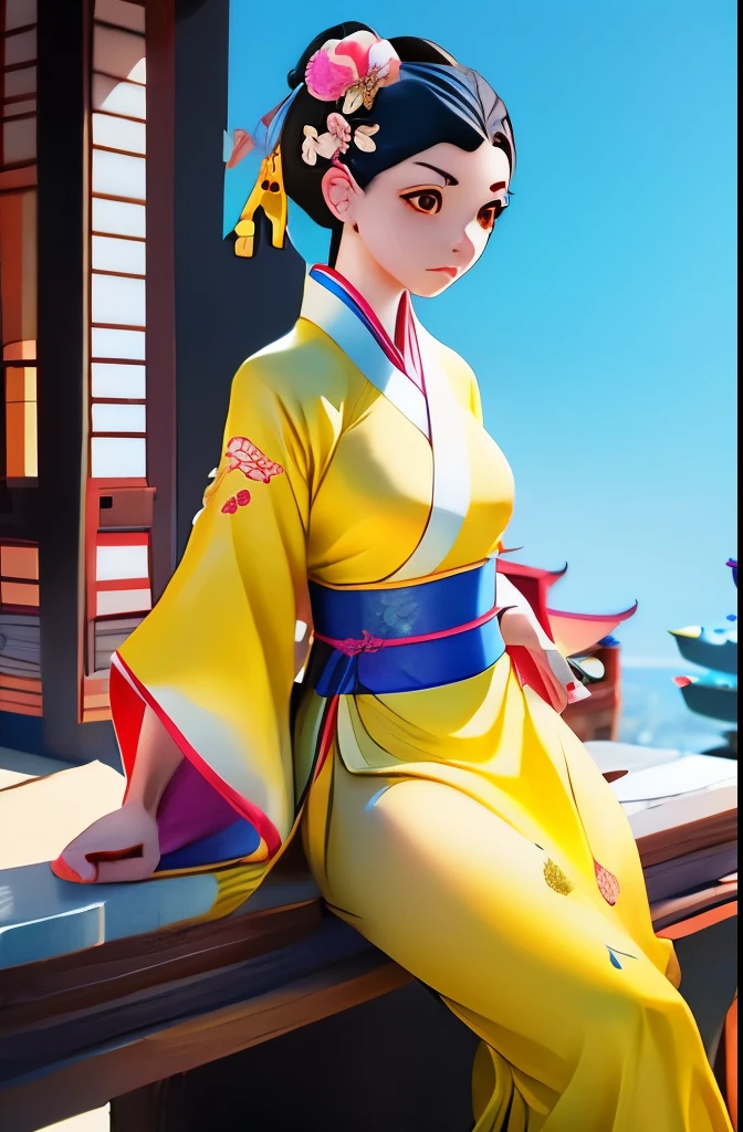 araffe woman in a yellow kimono sitting on a ledge, palace ， a girl in hanfu, realistic anime 3 d style, artwork in the style of guweiz, beautiful character painting, 3 d anime realistic, trending on cgstation, anime styled 3d, wearing ancient chinese clothes, chinese girl, artgerm and atey ghailan