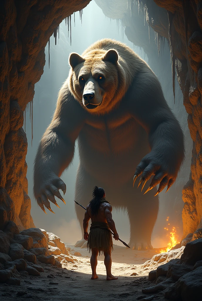 Cave bear coming out and a primitive man waiting for him