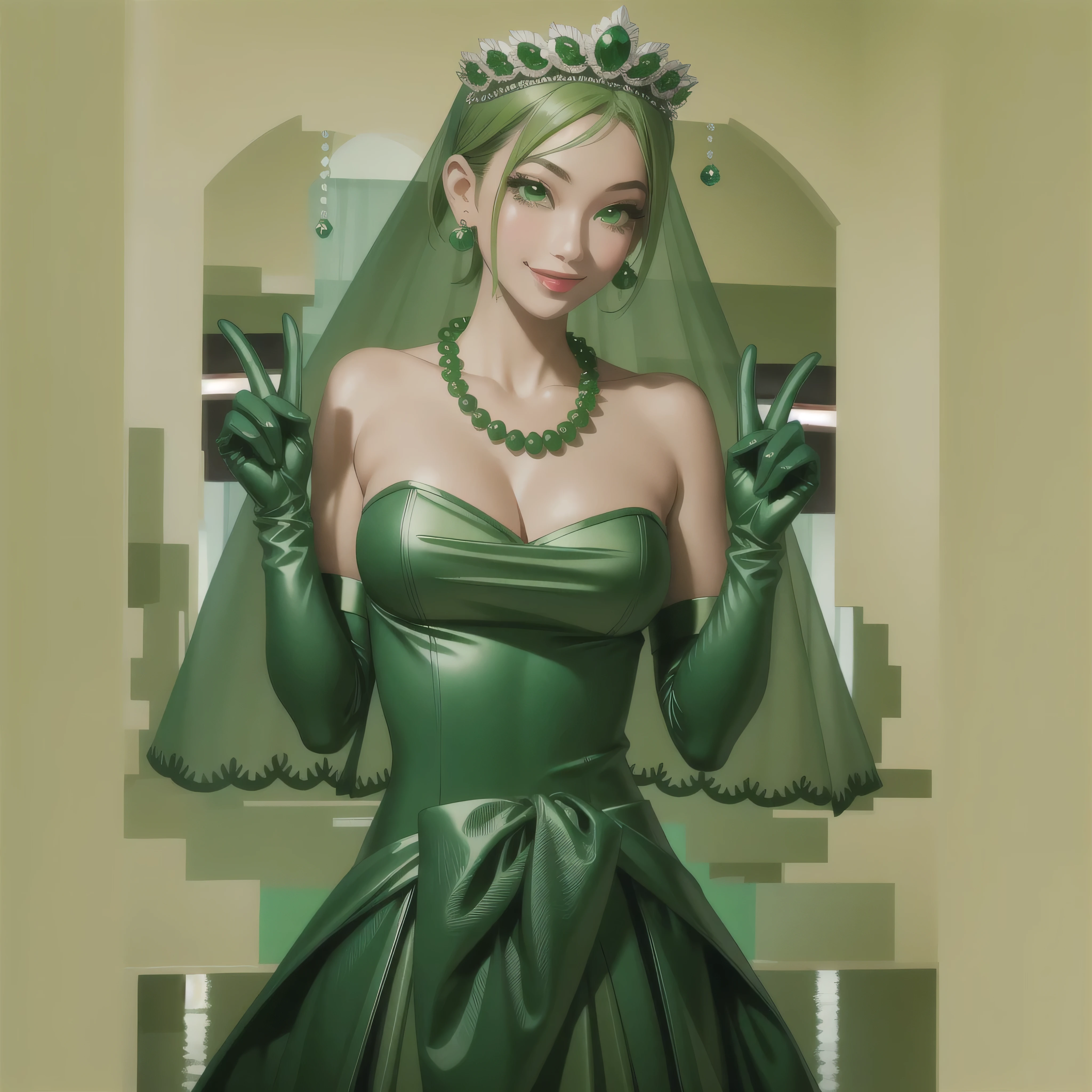 Emerald tiara, Green Pearl Necklace, Boyish very short green hair, Green Lips, Smiling Japanese woman, Very short hair, Busty beautiful lady, Green Eyes, Green satin long gloves, Green Eyes, Emerald Earrings, Green veil, all, Green Hair, Beautiful Japanese Woman, green lip gloss