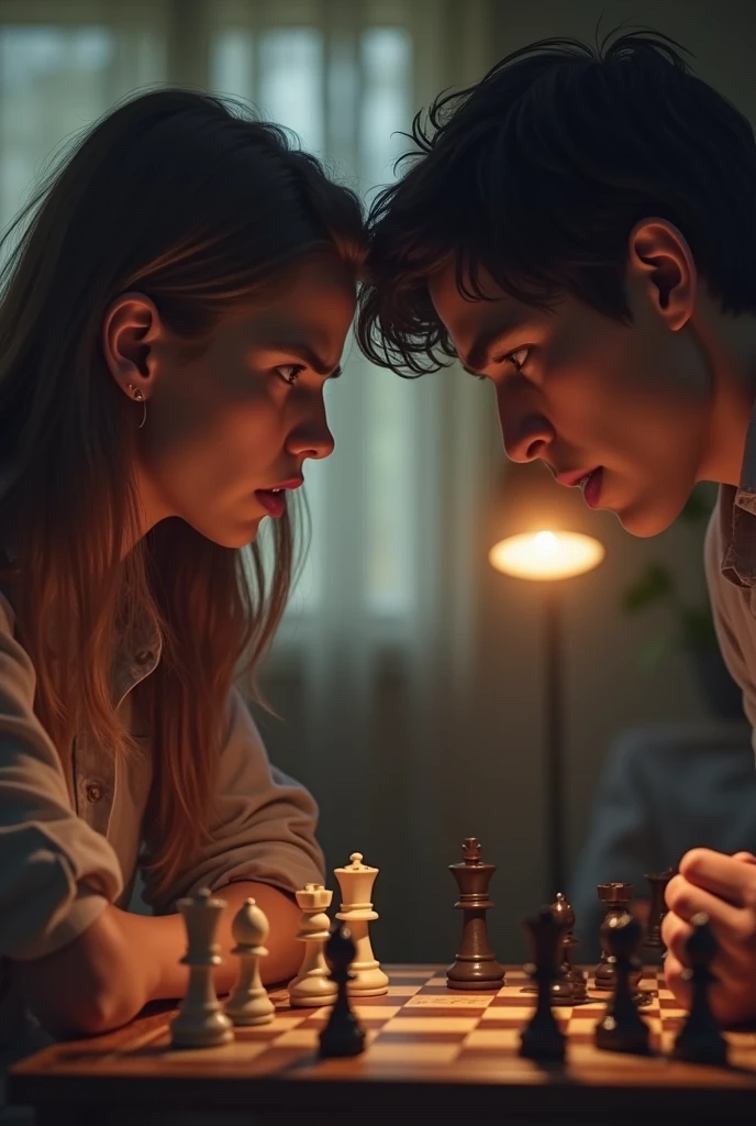 A girl doesn't want his boyfriend to play chess and the boy looks away