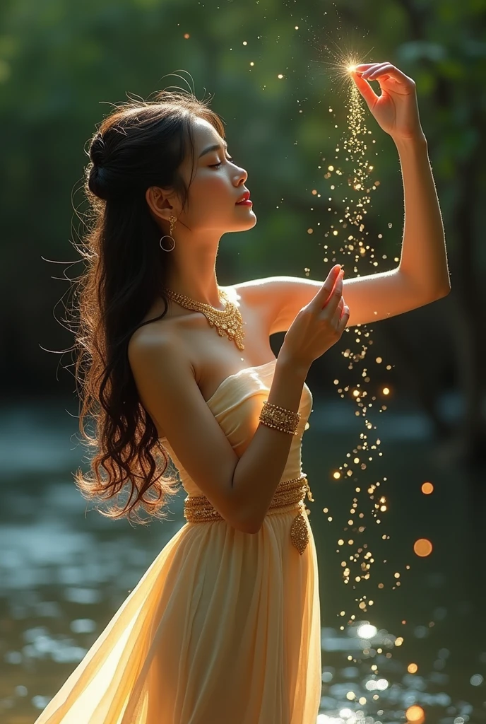 A young Thai woman wearing a silk dress, rather thin, flowing and swaying, standing and playing in a stream, water splashing and sparkling, wearing gold jewelry (that sparkles), looking up and touching a firefly or small nymph, which is very numerous, sparkling, with a soft light shining in. The image is like a dream.