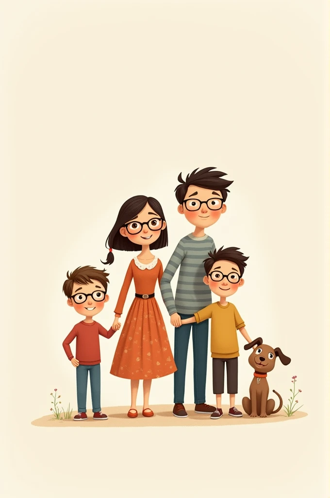 Image of a mom with glasses, an older brother with glasses, a middle sister with glasses and a younger brother with glasses, a granny and a dog.
Animated stick figure characters
