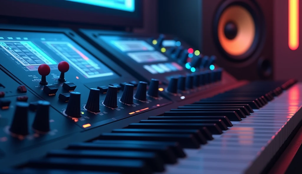 white　Emotional　computer　speaker　Desktop Music　Close-up of DTM screen　piano roll　Fader　mixer　night　An illustration　Anime Style
