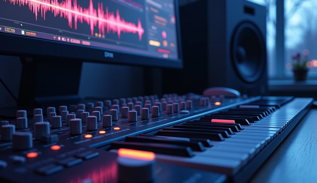 white Emotional computer speaker Desktop Music Close-up of DTM screen piano roll Fader mixer night An illustration Anime Style