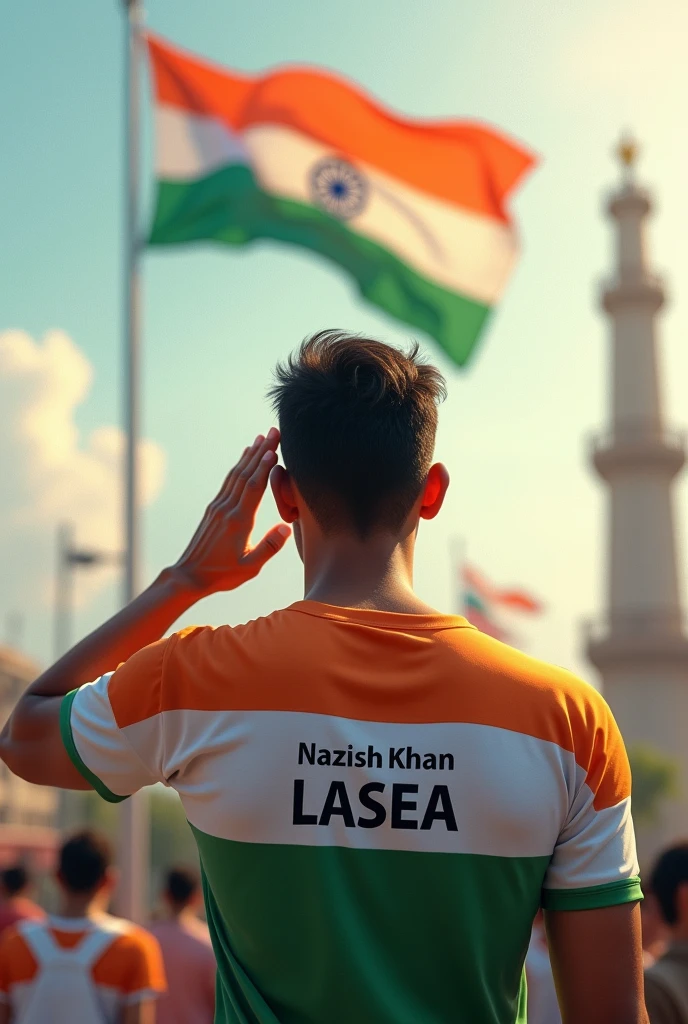 Soluting indian flag with tricolour t shirt named Nazish khan LASEA on back 