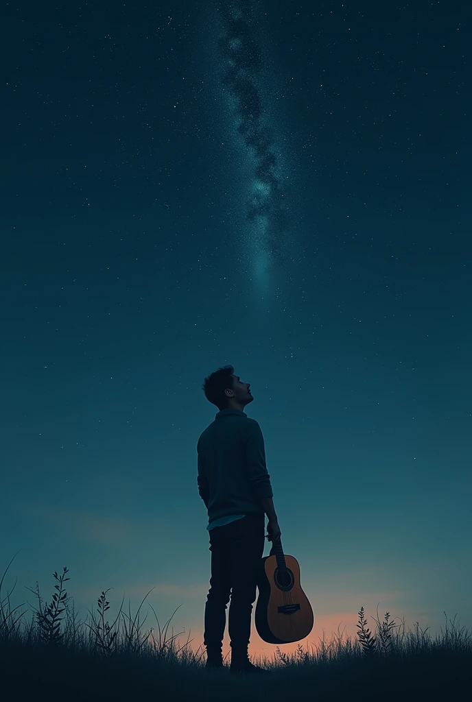 Man with a guitar looking at the stars