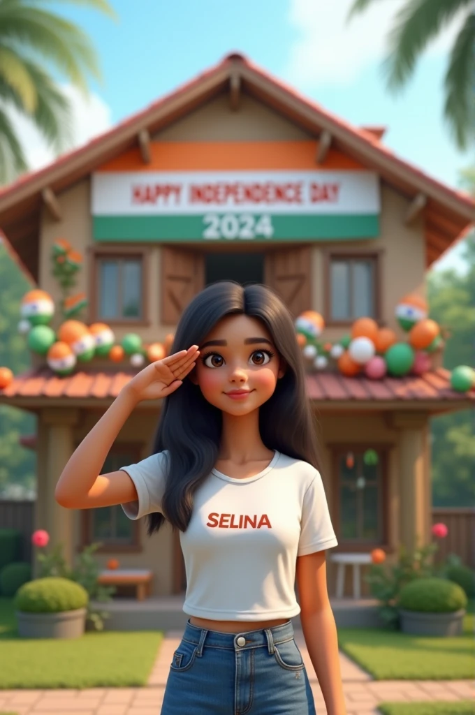 A real 20 year old girl , wearing a white "SELINA" T-shirt stands in front of a house decorated with Indian flags and tricolor balloons, saluting for an upcoming Independence Day celebration. The house has a large banner that reads "HAPPY INDEPENDENCE DAY 2024 and make sure text should be correct.