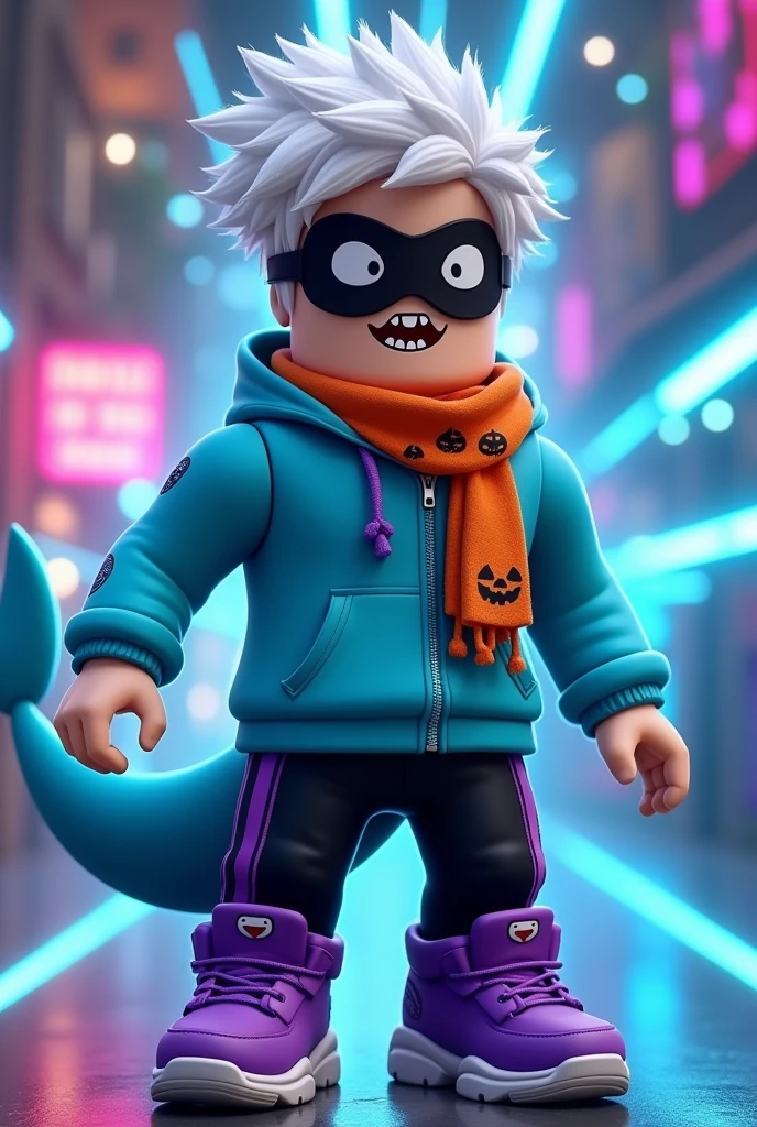 crie in Roblox style, with short white hair, with cyan hoodie and shark tail, with black pants with purple stripes and purple sneakers, a black mask with fangs and an orange scarf with pumpkins printed on it , and blue ray effects around