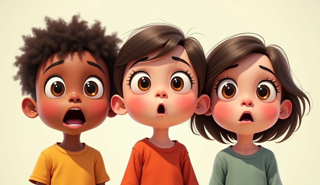 3 different kids facing the camera with a surprised, incredulous, Pixar-style expression