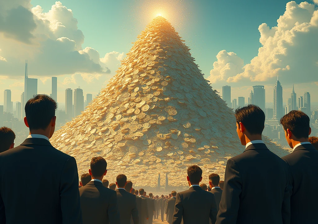 a city in the background with people interested in how to have money, a mountain of money around these civilized citizens