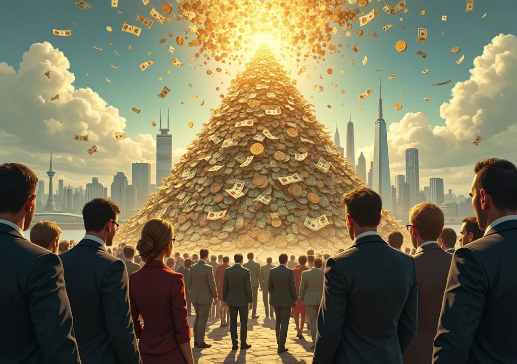a city in the background with people interested in how to have money, a mountain of money around these civilized citizens