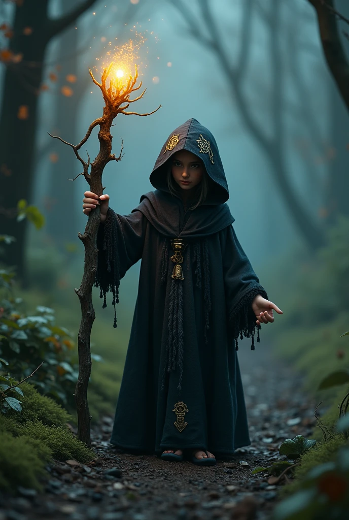 A mysterious little old hooded witch with a staff giving off magic